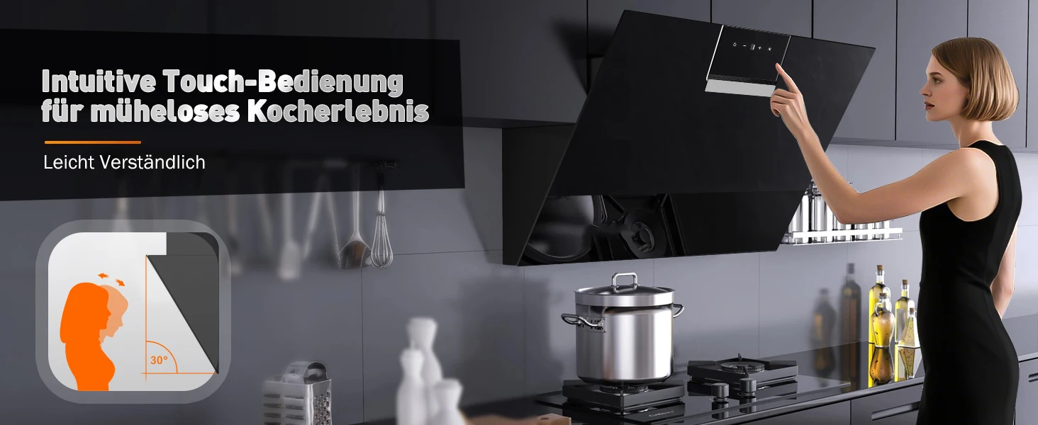 90 cm wandmontierte Dunstabzugshaube 800 m3/h A+++ LED-Touch-Steuerung, schwarzes Glas – Umlauf-/Abluftoption – Detail 2