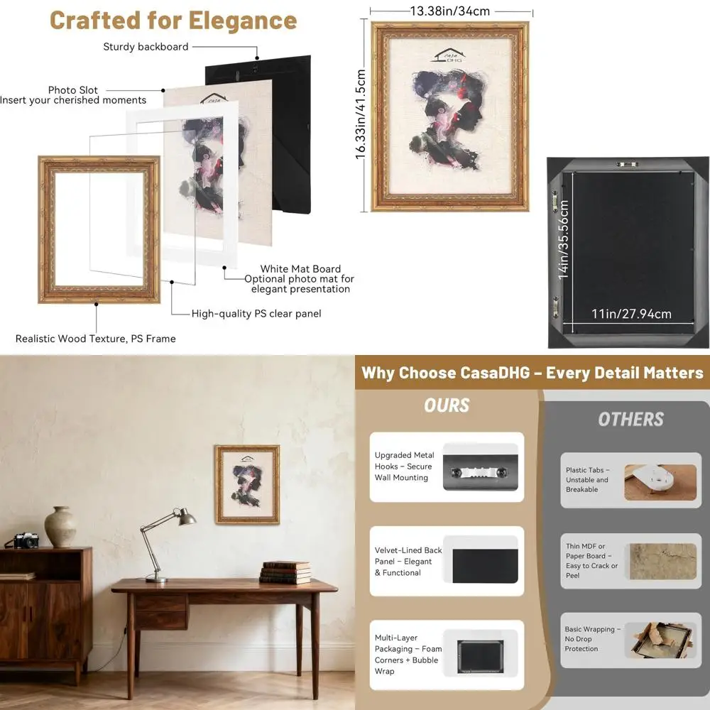 

Pair of 11x14 Classic Gold Picture Frames, Timeless Style for Home, Office, and Wedding Decor
