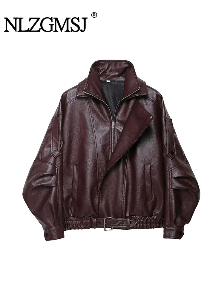 

NLZGMSJ повседневные шикарные женские кожаные куртки с длинным рукавом на молнии короткие пальто мода 2025 осень-зима праздничная женская куртка-бомбер