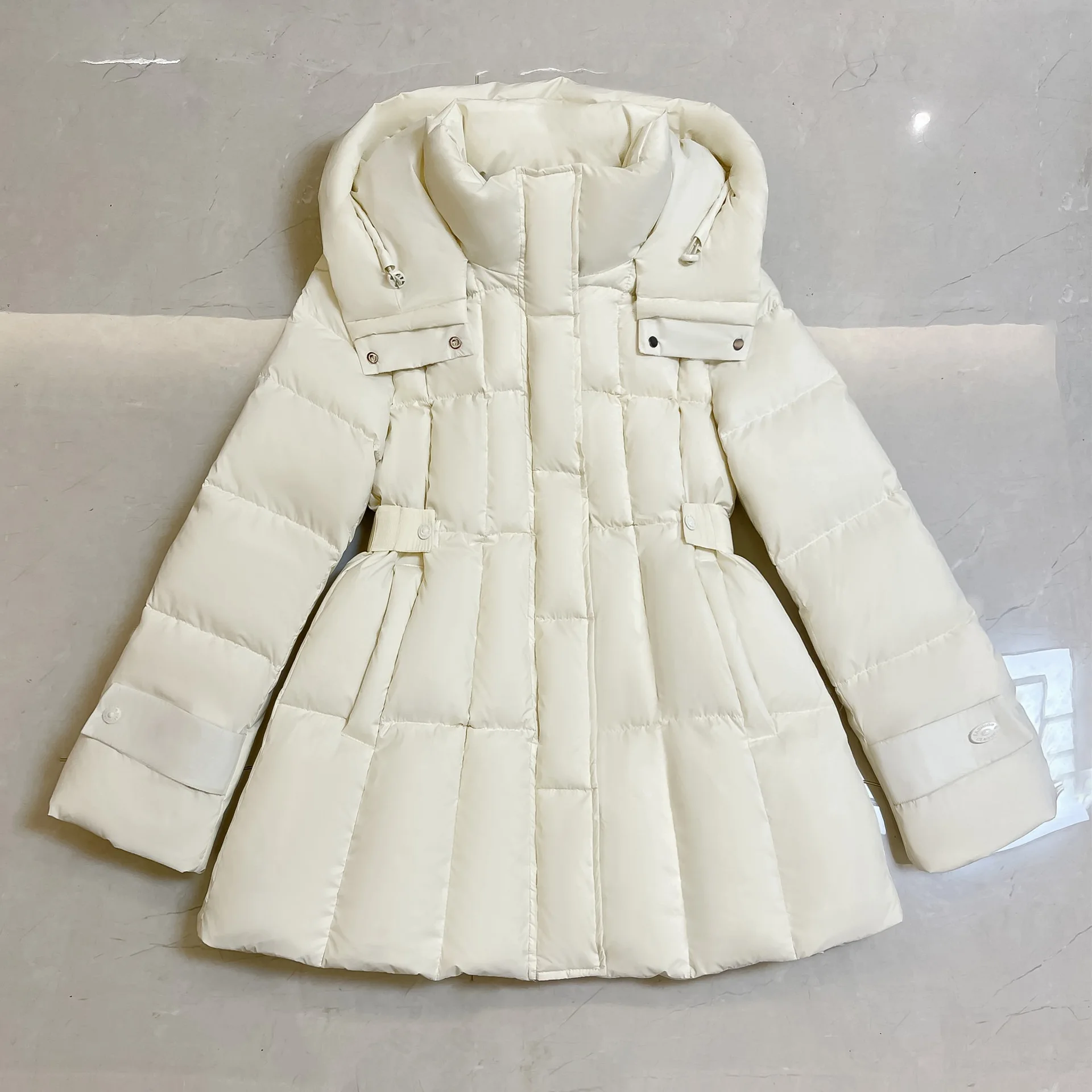 

Winter Solid Hooded Mid Length Slim Down Jacket Female Warm Zipper Parker Outwears Women White Duck Down Fluffy Down Jackets