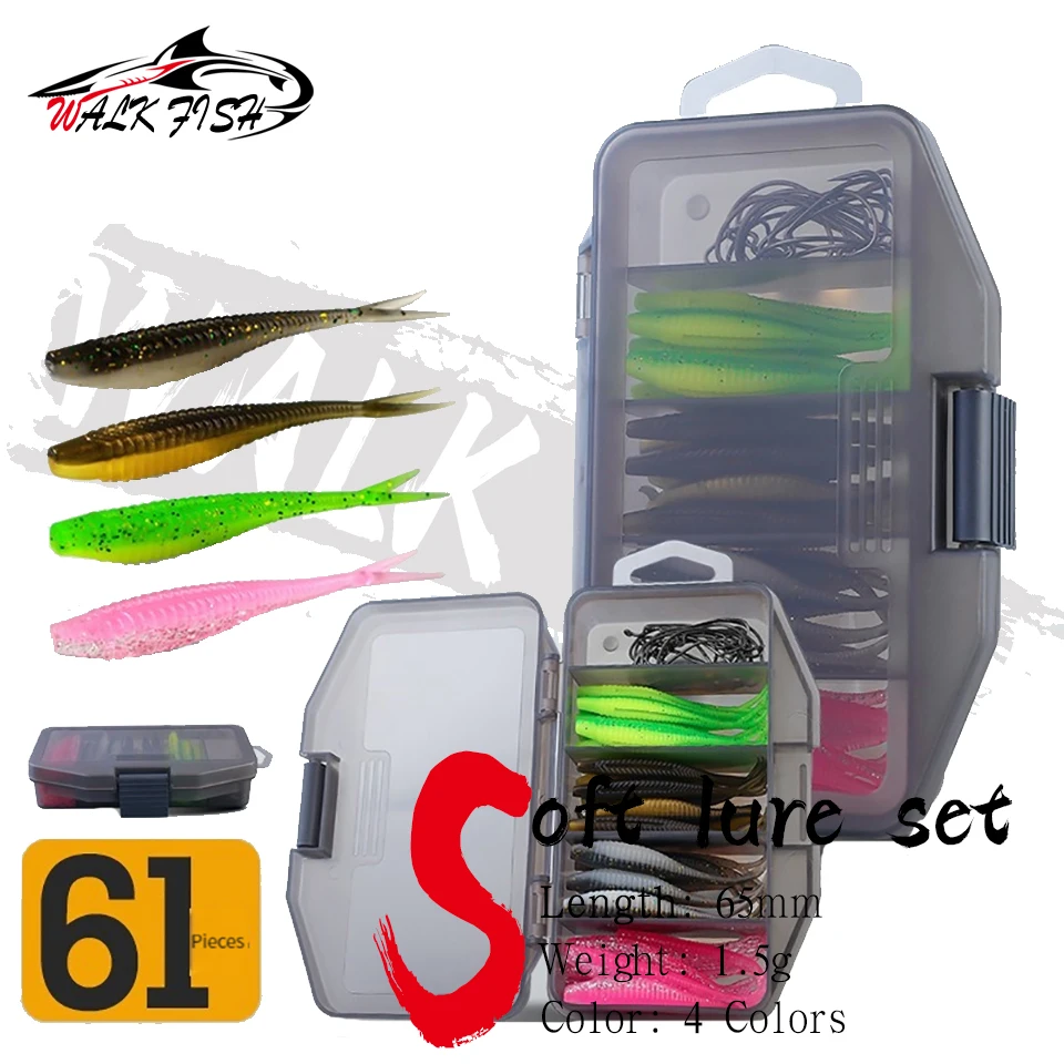 WALK FISH 61 Pieces/Set Of Bionic Fish Soft Bait Fishing Gear With Hook Storage Box Soft And Portable Outdoor Fishing Gear