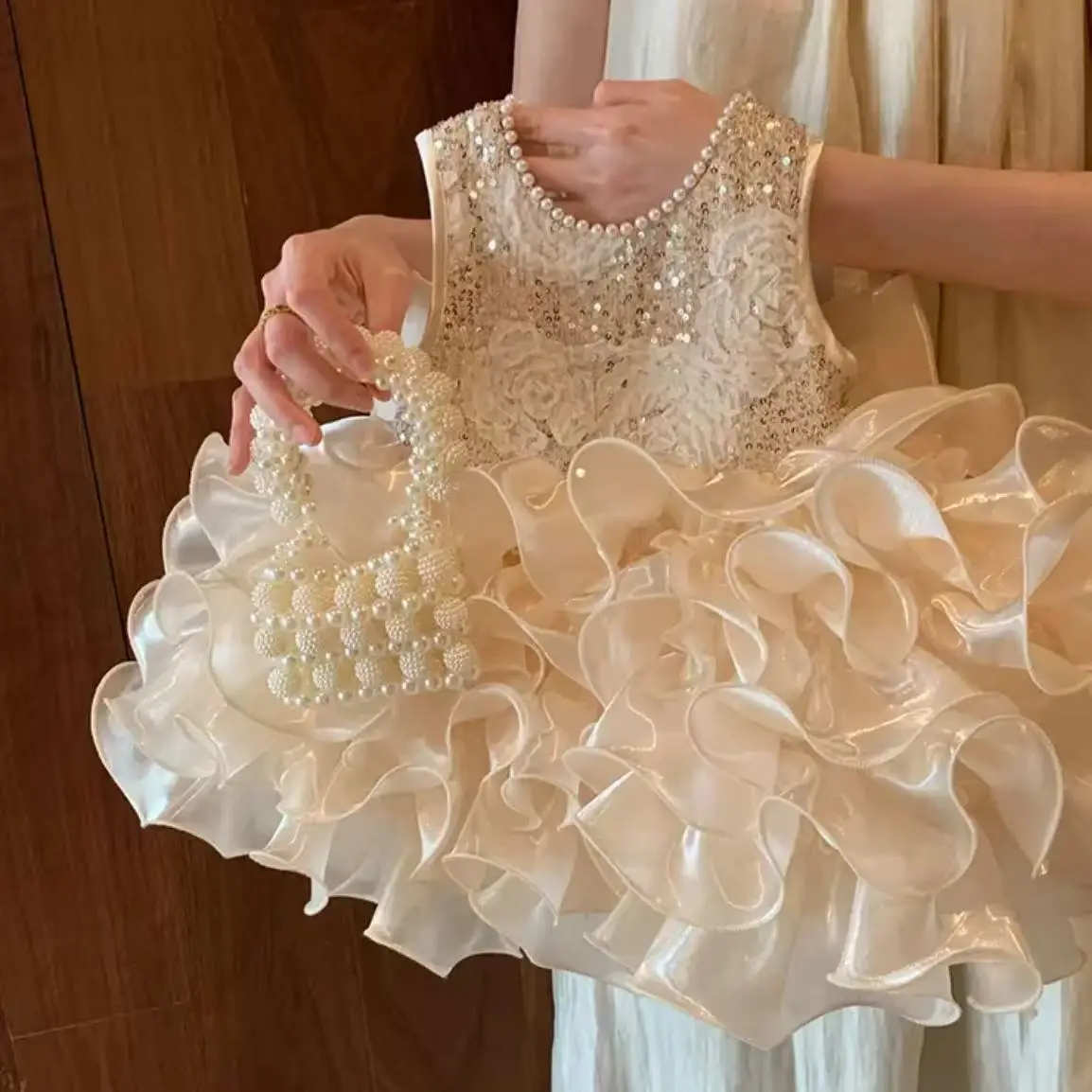 Kids Princess Dresses Girls Party Costume Children Birthday Party Clothes Girls High Quality Dress-Bead-sequin-flower hemline