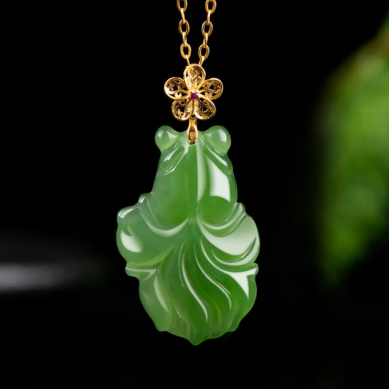 

Jia Le/18K Gold Inlay Hetian Natural Jasper Goldfish Emerald Necklace Pendant Men and Women Accessories Fine Jewelry Couple Gift