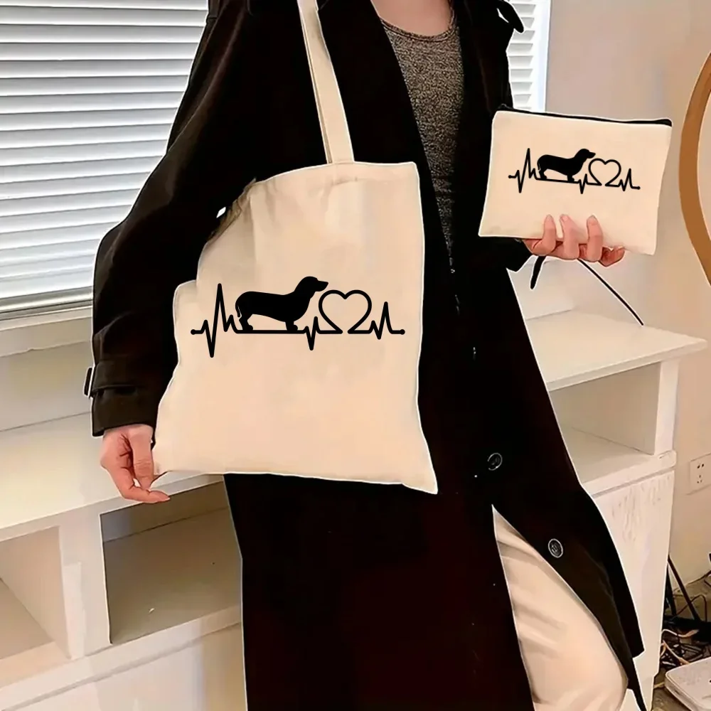 2pcs/set Dachshund Teckel Cute Dog Print Tote Bag Large Capacity Shoulder Bag Women's Casual Handbag for Work School Shopping - view 5