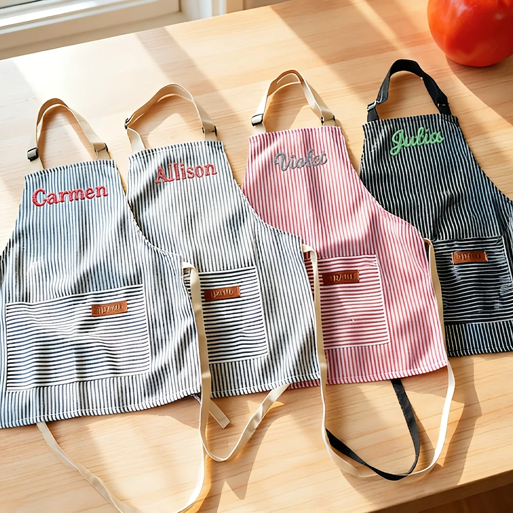 Custom Name Striped Apron with Pockets, Great for Cooking and Parties, Couple Apron Set Prefect Gifts for Wedding & Housewarming
