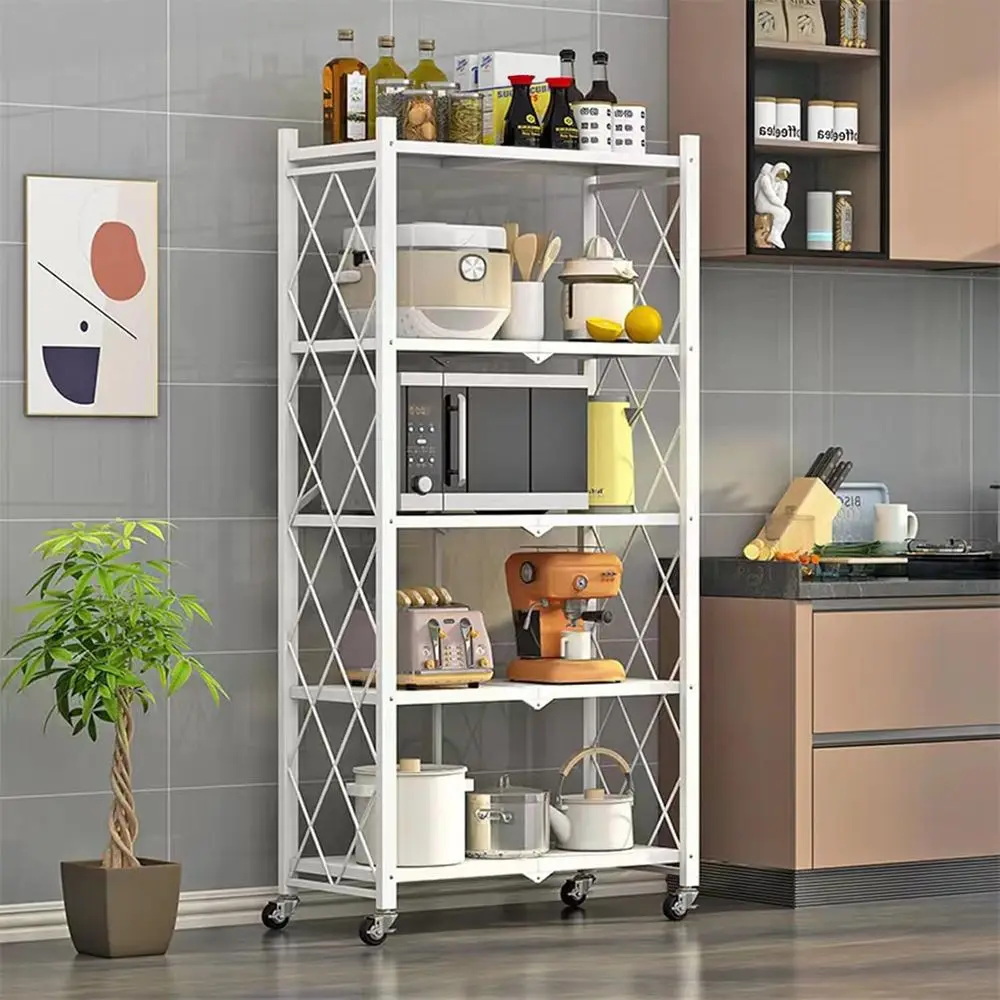 

5-Tier Heavy-Duty Collapsible Metal Shelving Unit with Wheels for Versatile Storage in Kitchen, Living Room, and Garage