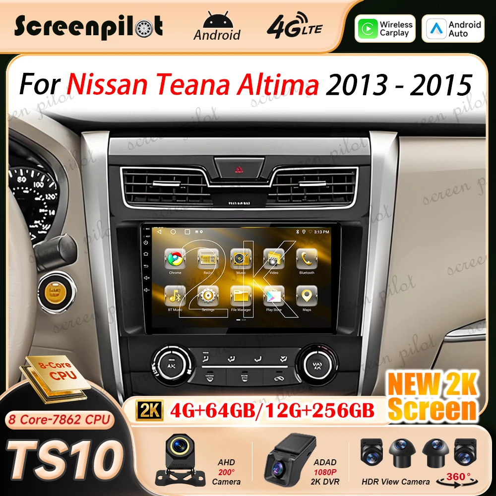 Android 16 Car Radio Stereo For Nissan Teana Altima 2013 2014 2015 2K QLED Multimidia Player GPS Carplay Android Auto 8 Core