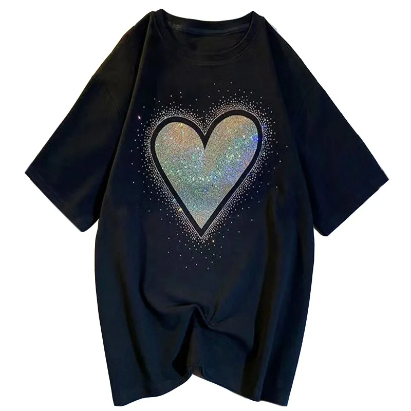 

2022 Summer New Trend Heavy Industry Hot Drill Love Versatile Short Sleeve Loose Medium And Long T-shirt Women