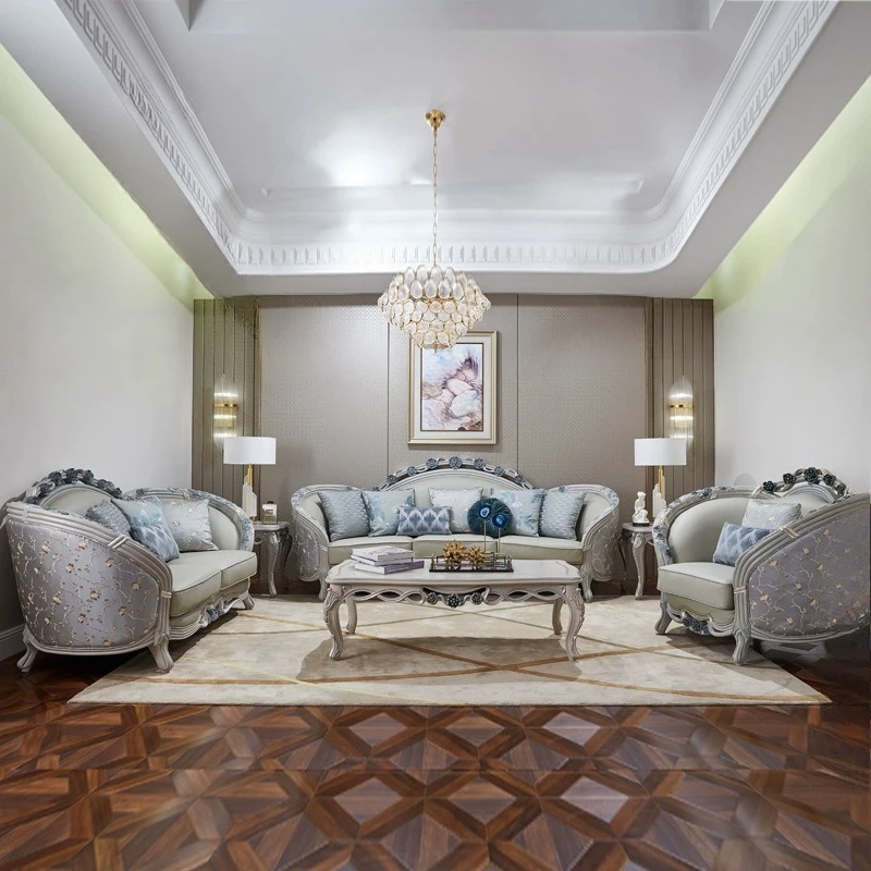 

Peacock blue French leather sofa combination French light luxury leather sofa solid wood double-sided carved European leather