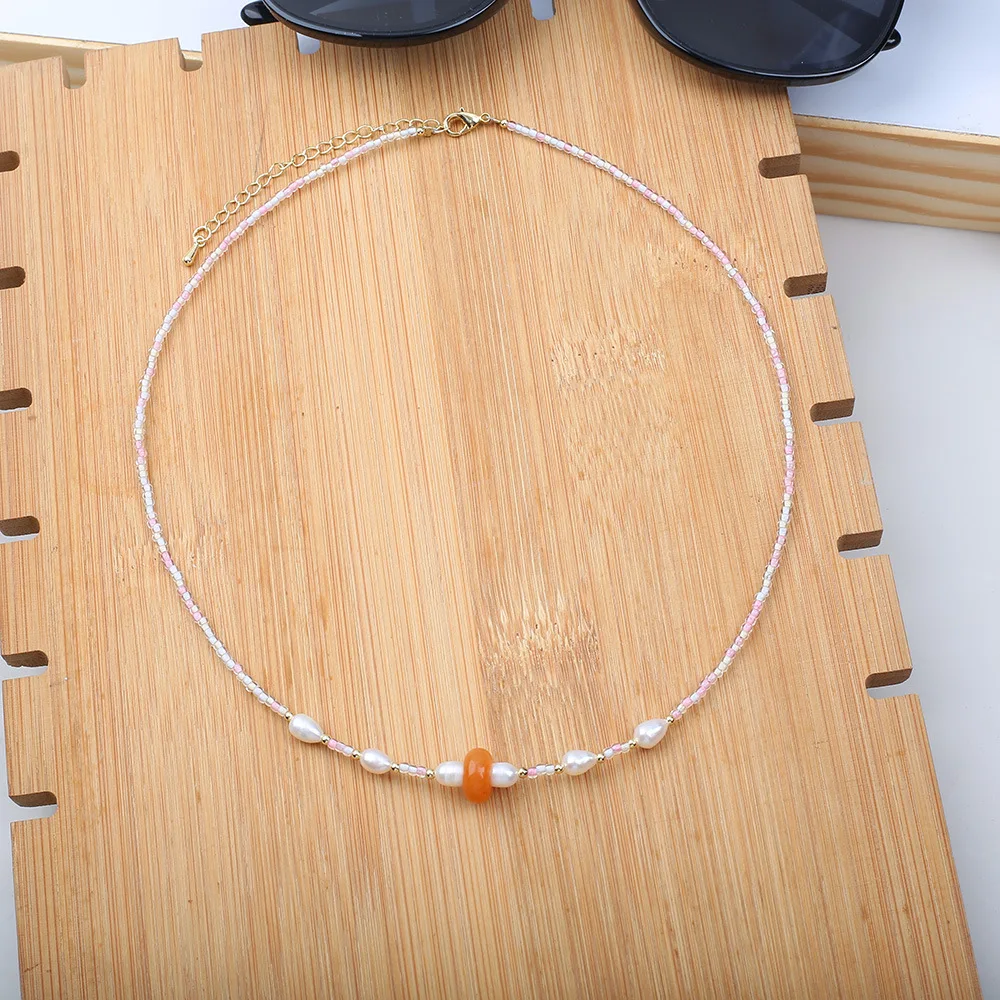 Japan and South Korea freshwater pearl yellow jade splicing millet bead necklace simple temperament versatile fresh niche