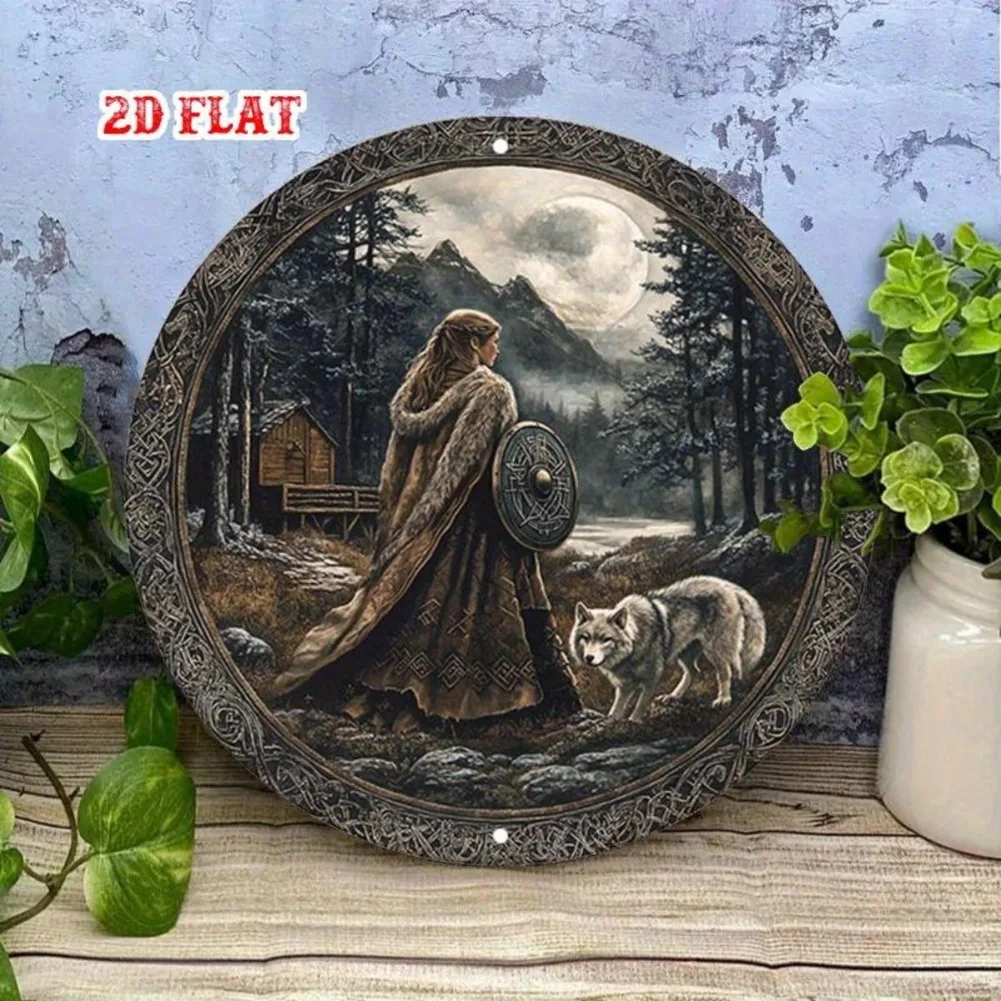 RoundNordic Metal Wall Art Decor 7,87 Zoll Viking Shield Wolf Woman Detaillierte rustikale Outdoor Indoor Plakette