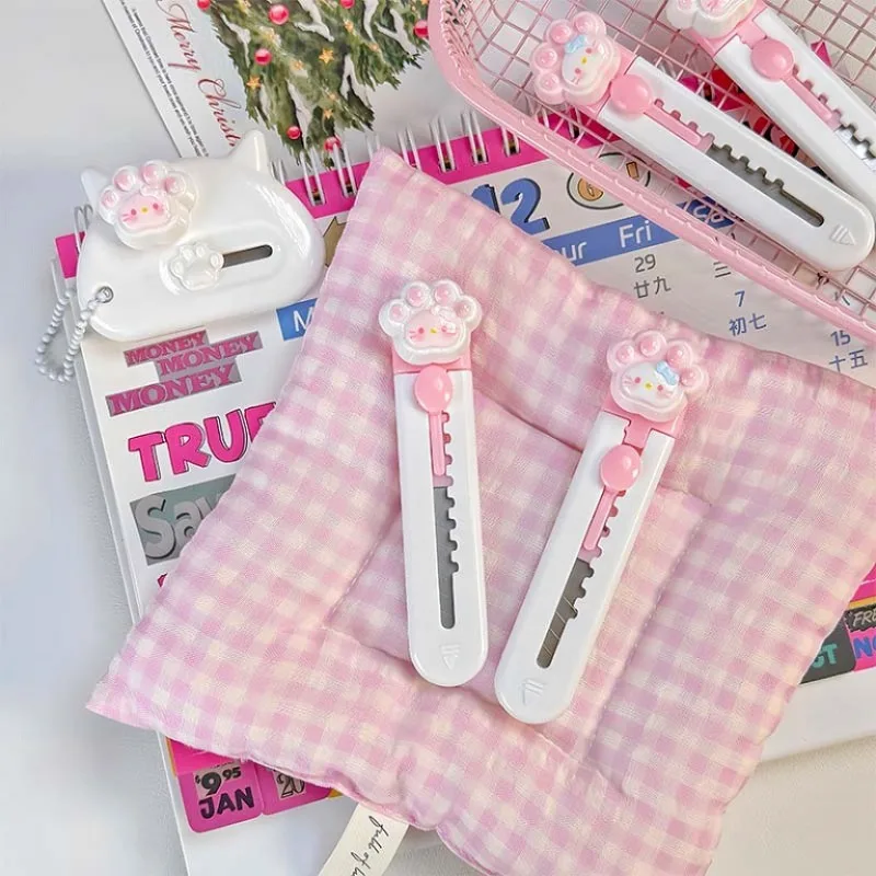 Cute Cat Paw Craft Knife Mini Safety Cutter for Envelopes Portable Student Paper Trimmer with Blade Guard Box Opening Tool