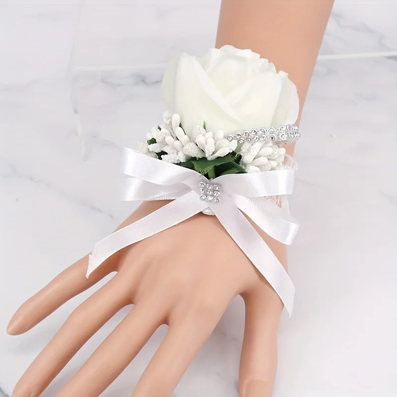 Matrimonio seno bianco fiore Western Faux Single Rose risvolto fiore mano fiore Boutonniere polso corpetto