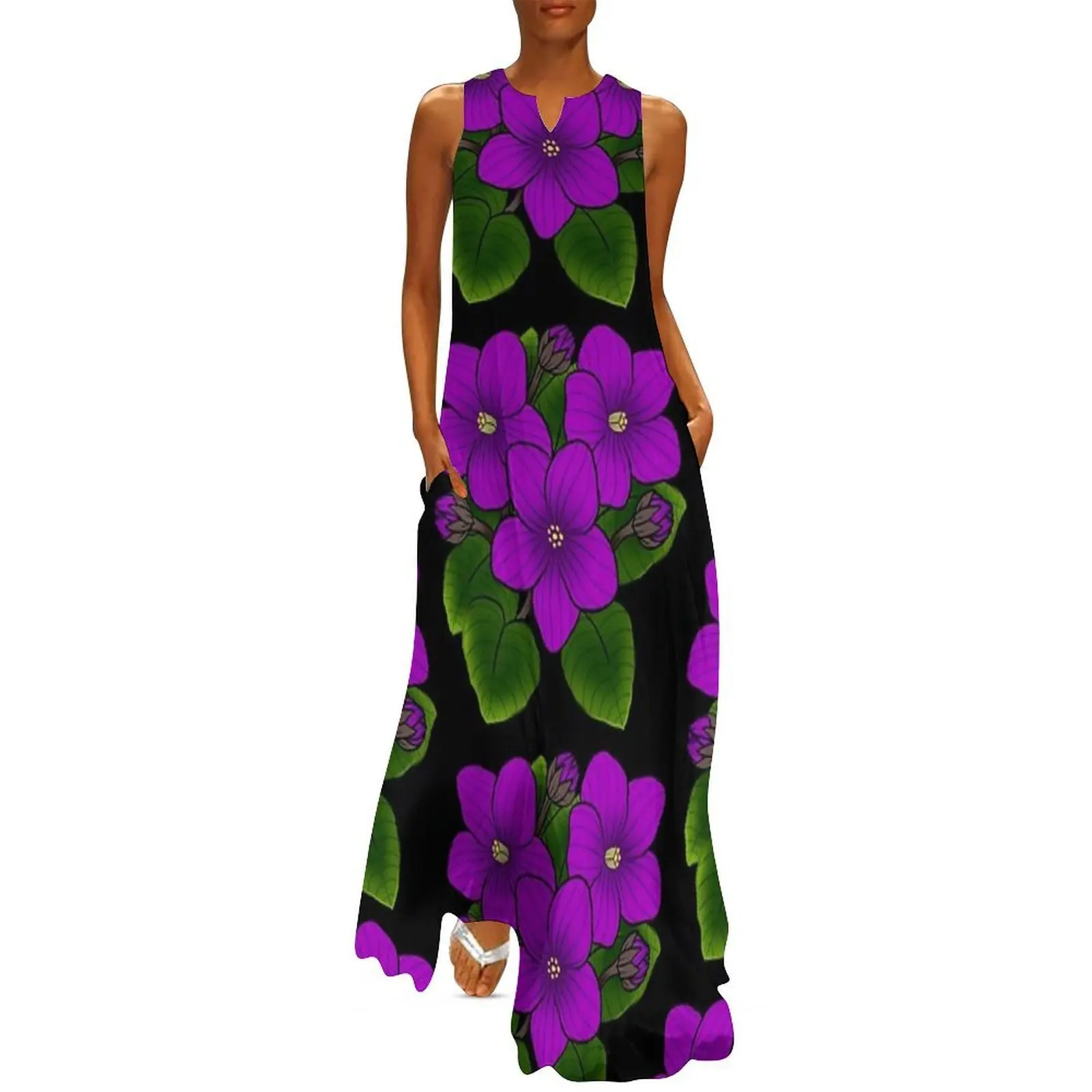 

Purple African Violets in Black Long Dress Summer dresses for women elegant women's sets