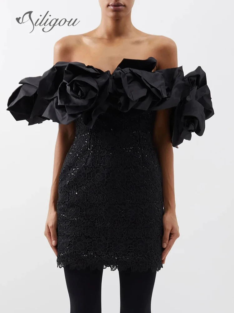 

Ailigou 2024 New Summer Women's Black Sexy Off Shoulder Short Sleeve Flower Lace Tight Mini Dress Elegant Celebrity Party Dress