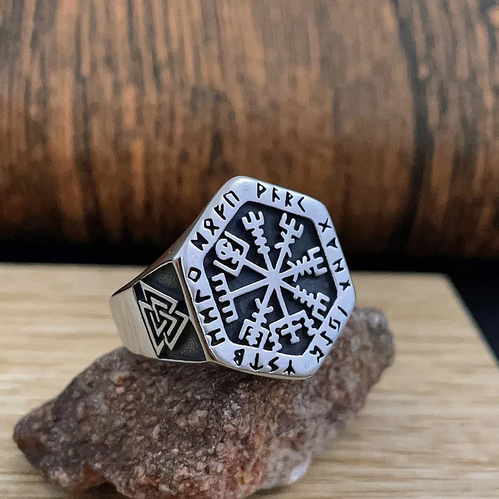 316L Stainless Steel Vikings Vegvisir Compass Ring Men Vintage Fashion Odin Valknut Rune Rings Accessories Biker Jewelry Gift