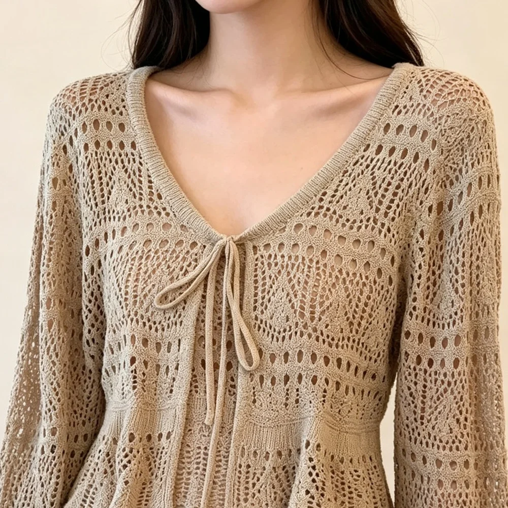 Knitted Cardigan Women Balletcore Ballerina Poise Twirl Snow White Hollow Out V Neck Long Sleeve Tie Front Scalloped Hem Icon