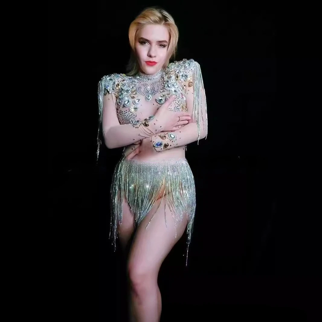 Costume discoteca bar femminile pieno di diamanti con frange cantante congiunta danza regina di vetro corpo trasparente frange abiti di compleanno