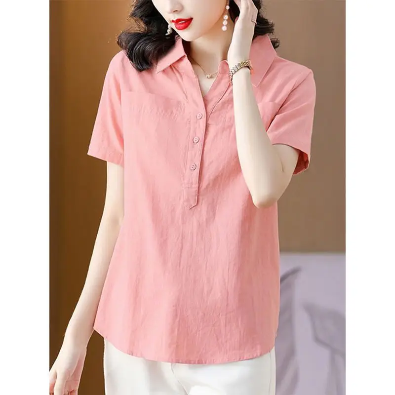 Summer 2023 Oversized Cotton Linen Short Sleeve Shirt Female Loose Casual Comfortable Cardigan Top Women Simple Fashion Blouse