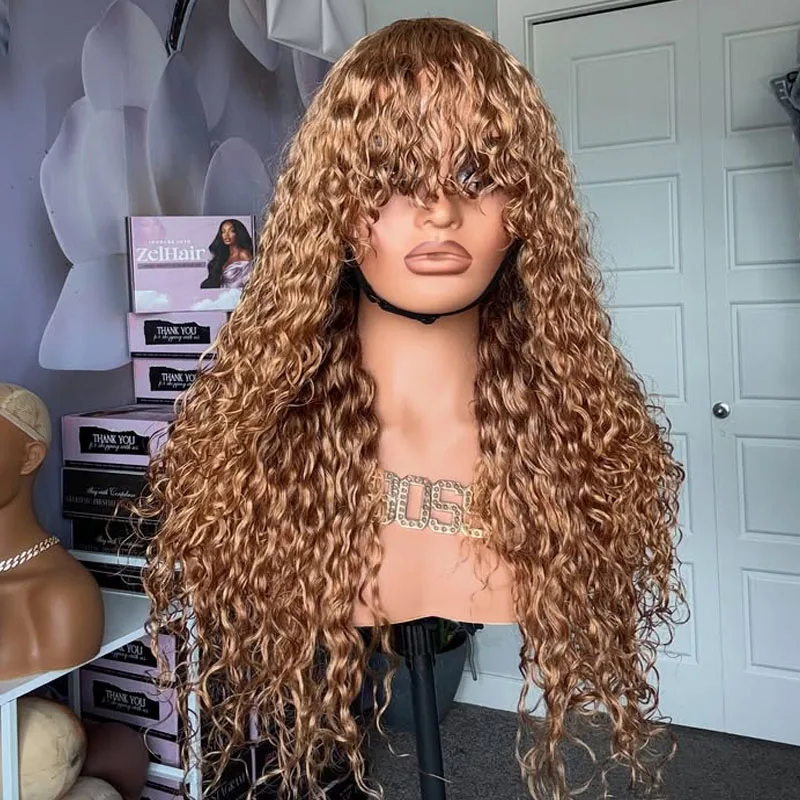 

Honey Blonde Fringe 100% Remy Human Hair Natural Wave Afro Black Women Full Lace Wigs with Bangs Glueless Cheap 5x5 HD Lace Wigs