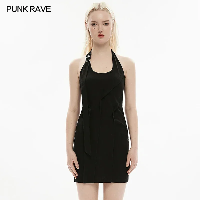 

PUNK RAVE Women's Elastic Rib Knitted Halter Fit Dress Adjustable Buckle Gothic Daily Club Youth Girl Sexy Black Mini Dresses