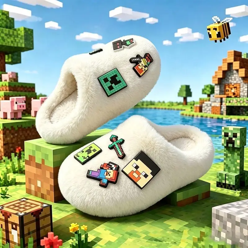 Minecraft Black Winter Warm Plush Slippers Pixel Game Charms Soft Fluffy Non-Slip Indoor Home Shoes