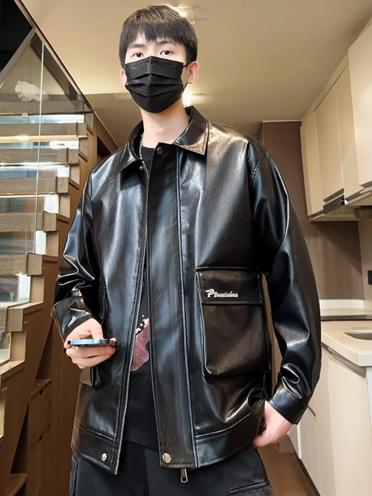 

Men's Biker Leather Jaet PU Leather Vest Autumn New Sle American Retro Workwear Turn-down Collar Cool Casual irt