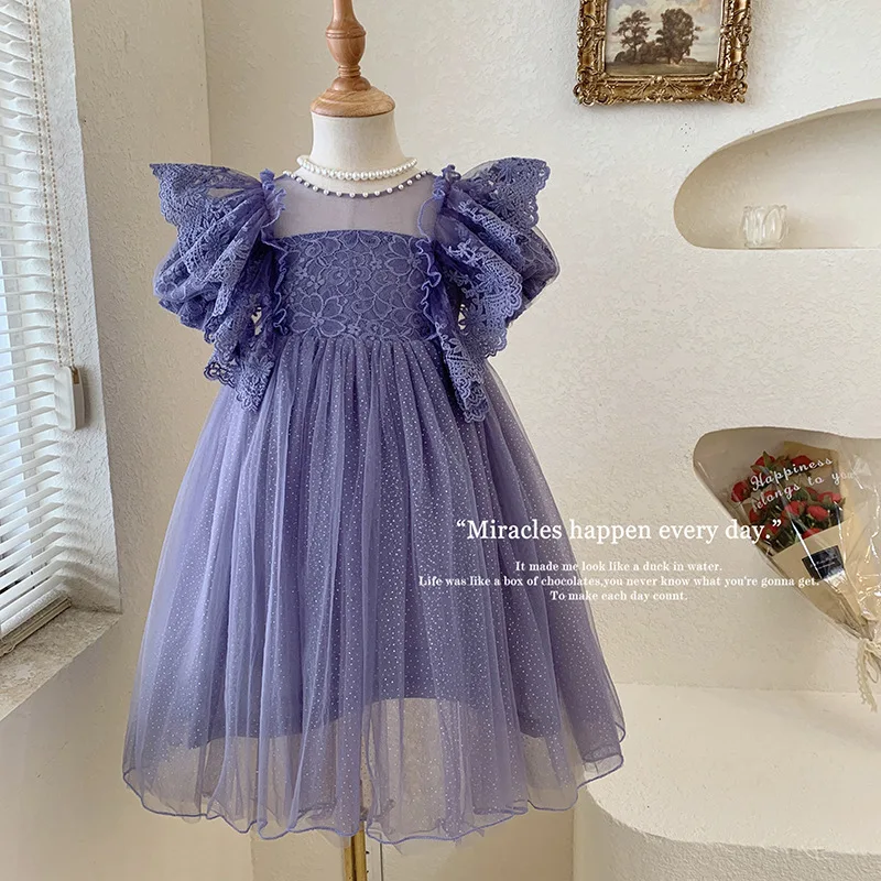 Female Little Kids' Summer Clothing Nail Pearl Lace Fairy Dress Baby Girl Western Style Lace Puff Sleeve Puffy Mesh Princess Dre