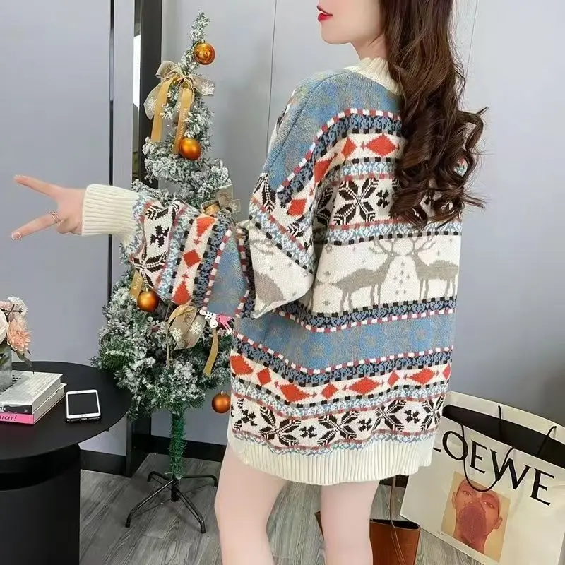 Natal veado jacquard camisola de malha feminina jumper o pescoço manga longa inverno pulôver topos moda coreana camisola y2k roupas