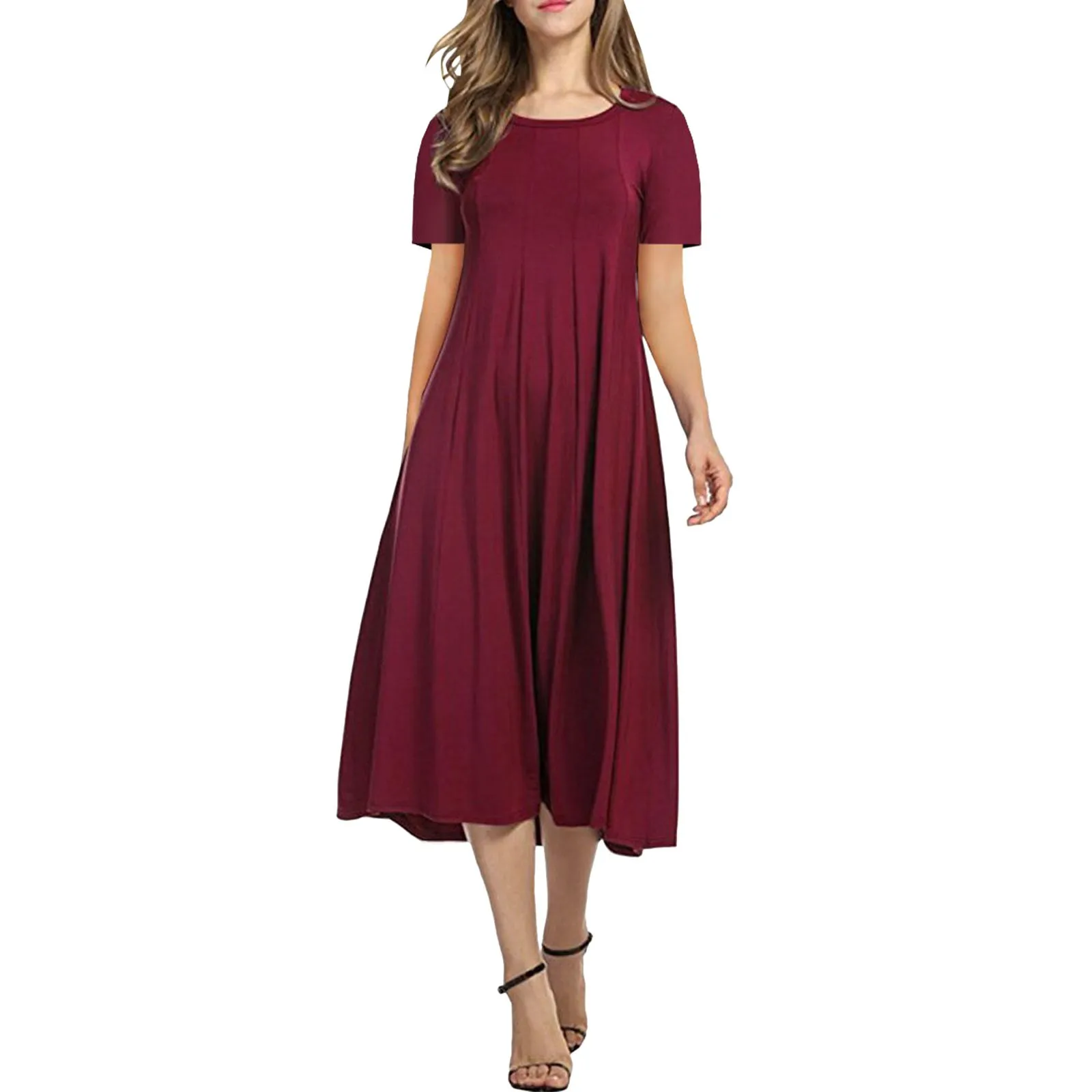 

Women'S Elegant Dress Summer And Autumn New Round Neck 3/4 Sleeves Solid Color A-Line Skirt Simple And Casual Vintage Long Dress