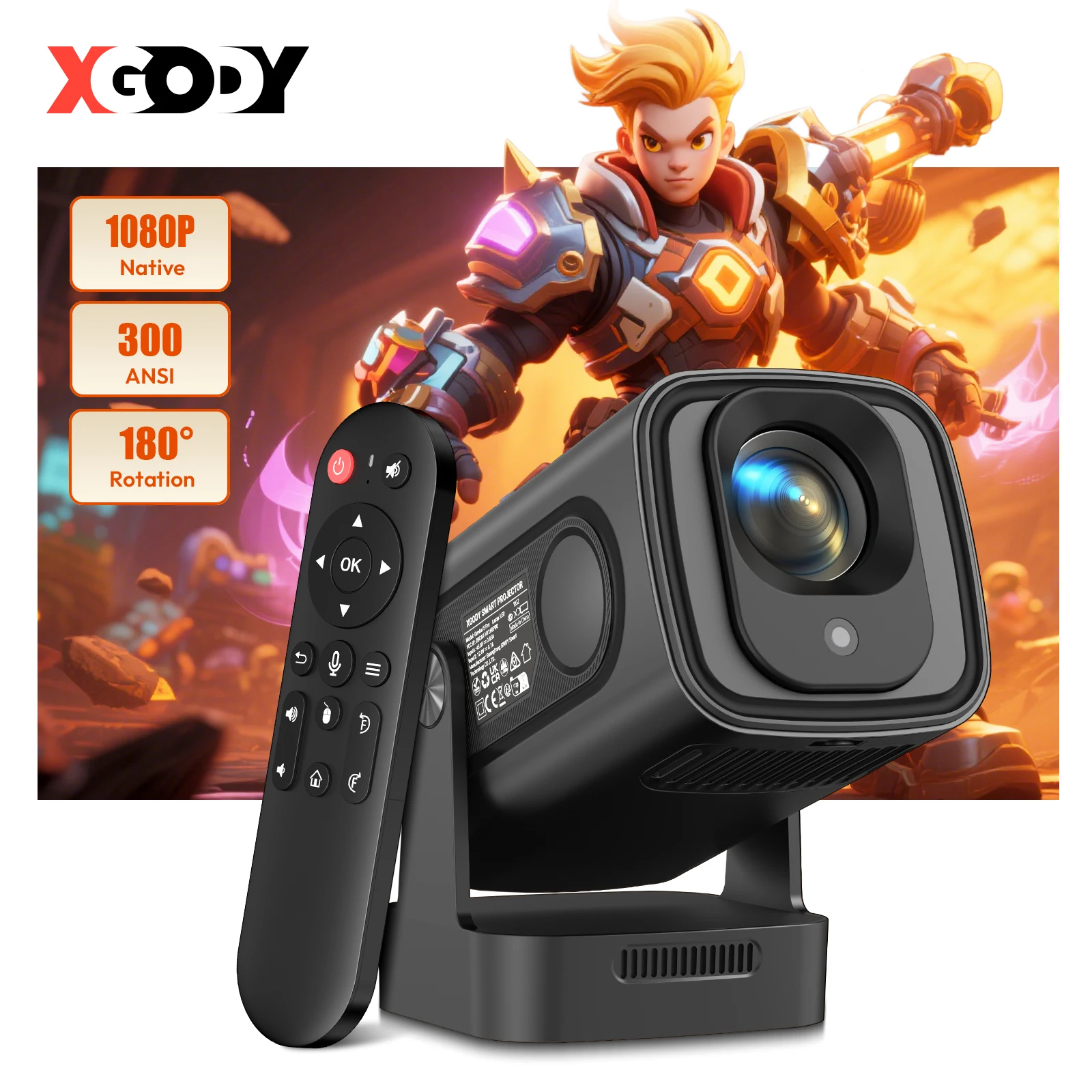 XGODY Proiettore Gimbal 5 Pro 4K Android 11.0 Nativo 1080P Autofokus 330ANSI Dual Wifi Bluetooth Home Theater Cinema