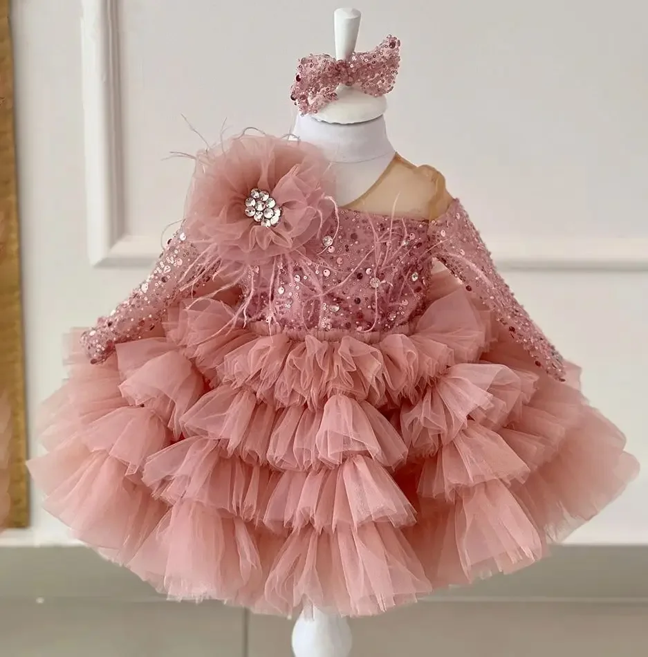 Feathers Sequin Flower Girl Dresses Dusty Pink Ball Gown Birthday Party Dress for Girls Tiered Puff Glitter Kids Pageant Gown