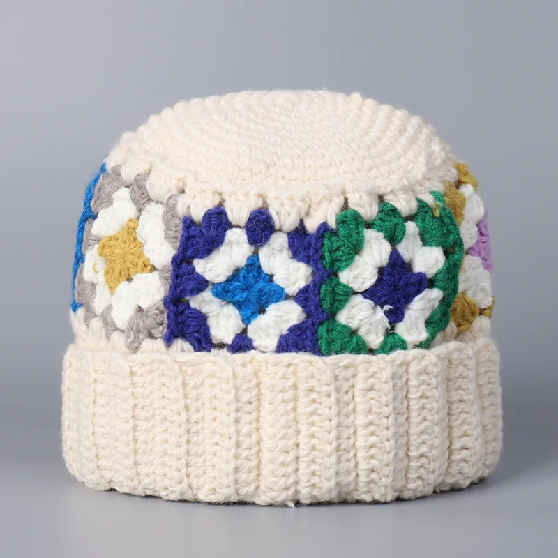 

Handmade Hook Grandmother Grid Wool Beanie Cap Men and Women Warm Winter Colored Ear Protectors Cold Pointed Knitted Hats