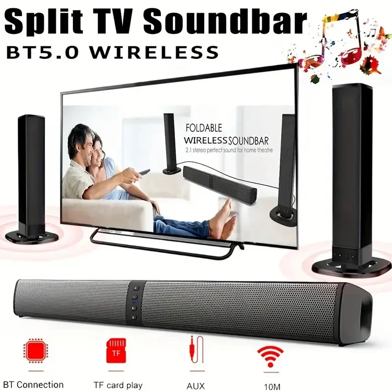 Wireless Bluetooth TV Sound Bar 2 Speaker System Home Theater Subwoofer Soundbar Portable Loud Rechargeable 2 IN1 Speaker