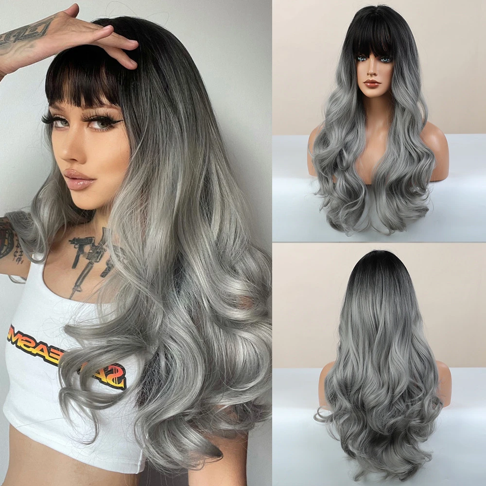 

Long Wavy Synthetic Hair Ombre Grey for Black White Women Natural Hair Bangs Heat Resistant Fiber Wigs