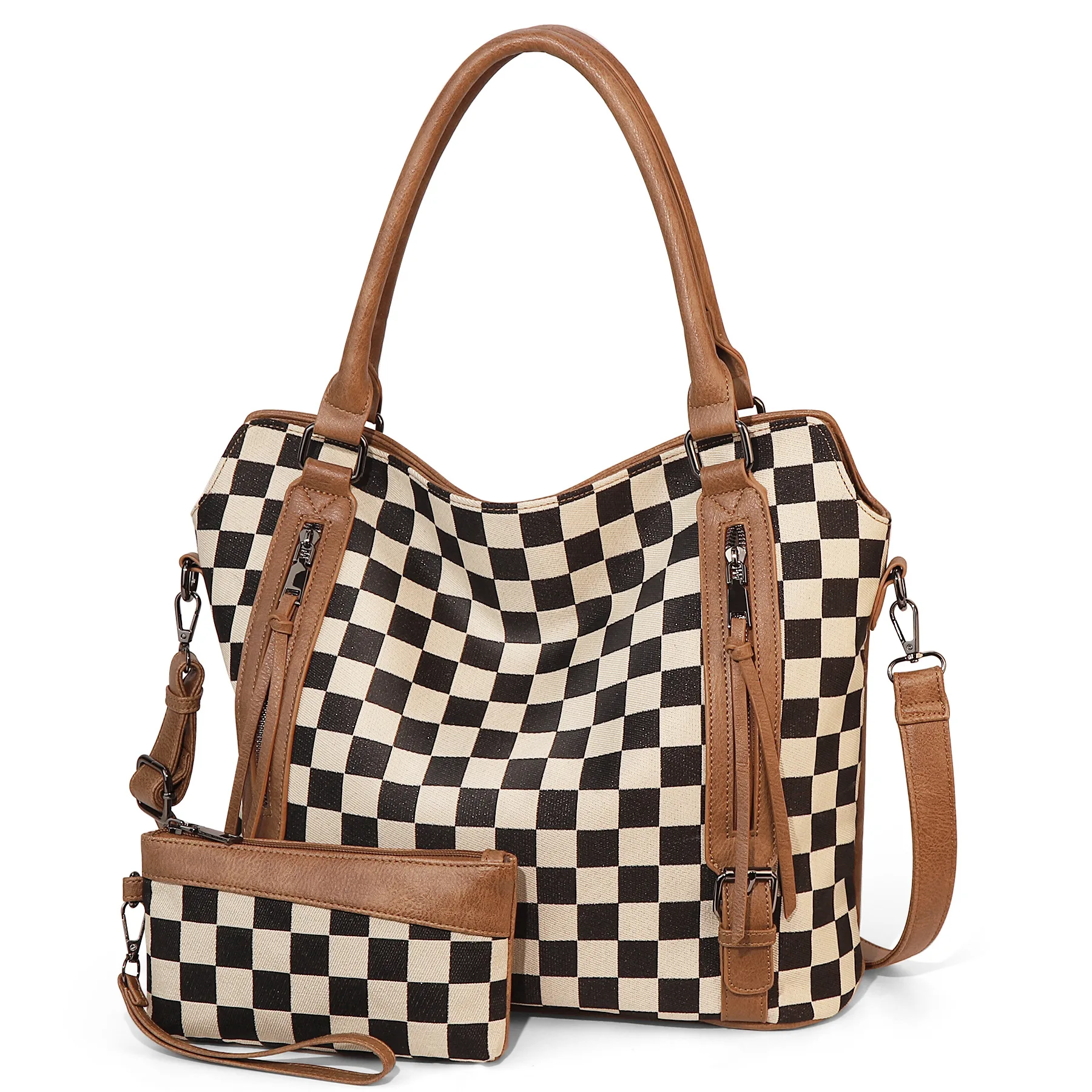 Tote Bag Single Shoulder Commuter Large Capacity Ladies Handbag Grid Pattern PU Material Daily Match Spring Season Style