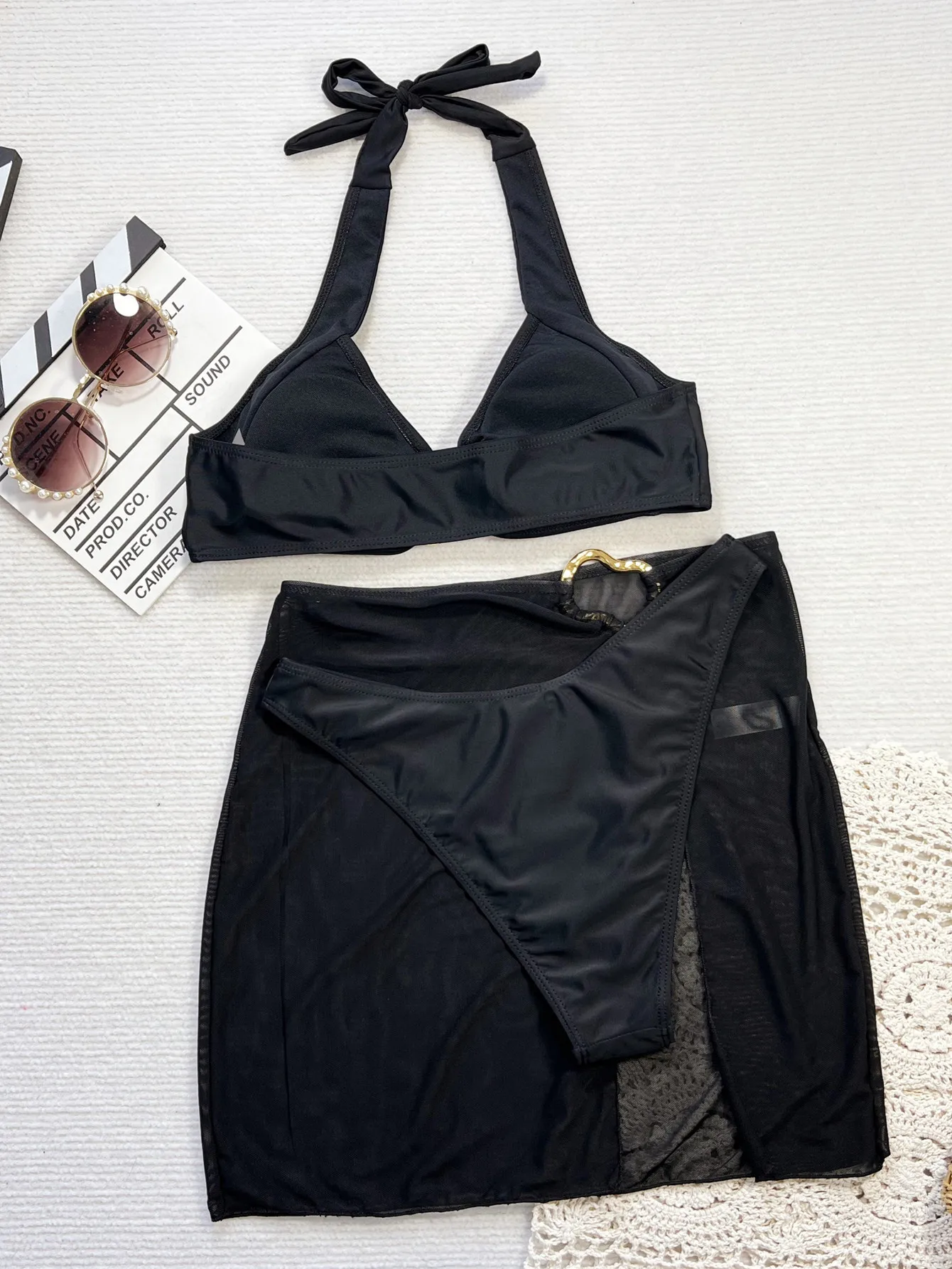 Bikinis sexys 2025, nuevo conjunto de Bikini negro de 3 piezas para mujer, traje de baño femenino con falda de malla, traje de baño