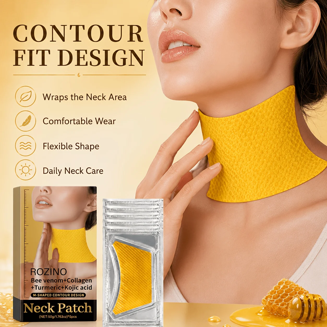 5PCS Hydrogel Neck Care Patches with Bee Venom, Collagen, Turmeric and Kojic Acid, Moisturizing Neck Mask for Daily Skin Care, Soft Comfortable Beauty Patches for Home Spa, Self Care and Travel Routine
