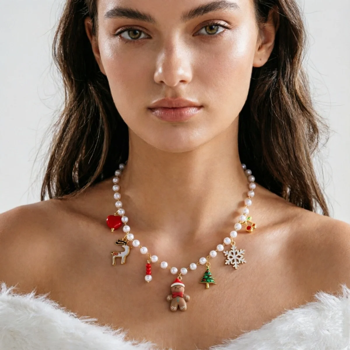 Weihnachts-Halskette mit Lebkuchenmann, Weihnachtsbaum, Hirsch, Schneeflocke, simulierten Perlen für Damen und Herren, Weihnachtsmann-Glocken, Choker, Party-Schmuck – Detail 14