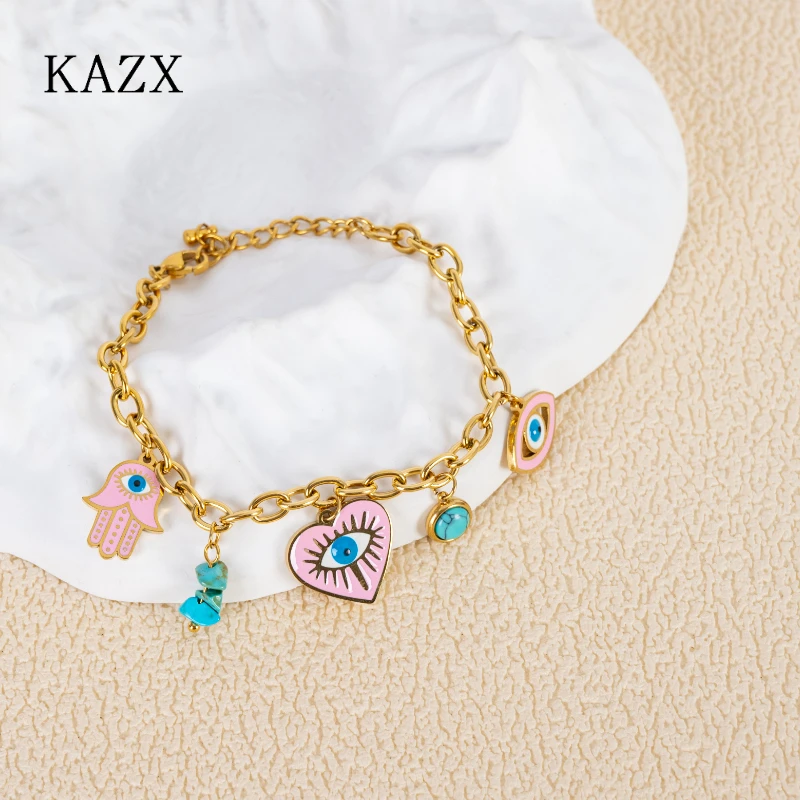 Pulsera KAZX Hipoalergénica de Acero Inoxidable con Ojo Turco, Bañada en Oro, Esmalte Rosa y Piedra Turquesa, Ajustable, Joyería para Uso Diario