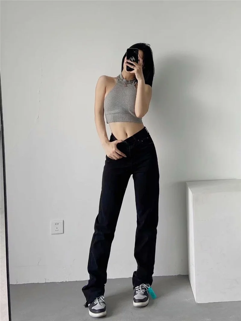 

High Waist Straight Leg Jeans Retro Street Wa Slim Fit Frayed Hem Micro Spicy Long Pants Women's Autumn Faion Denim Skinnies