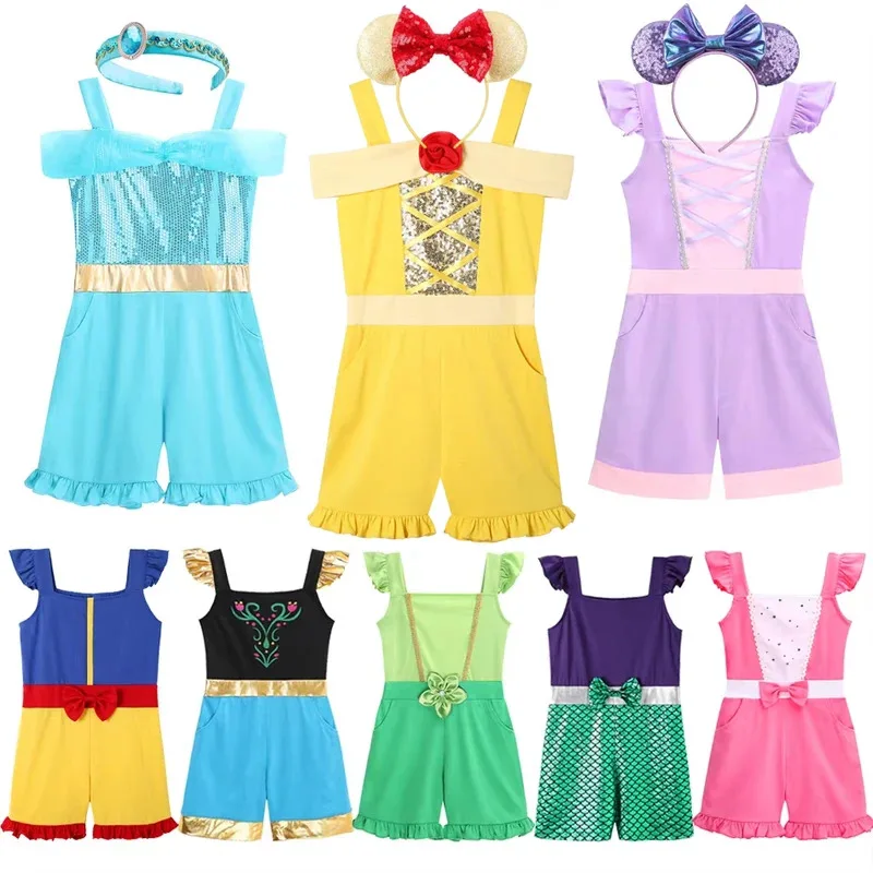 

Baby Girl Elsa Jumpsuit Children Girl Mermaid Summer Sleeveless Jumpsuit Suspender Wide-leg Pants Jumpsuit Children's Clothing