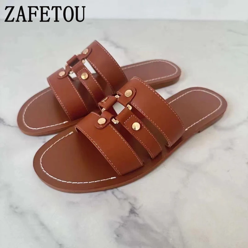 Zafetou Shoes Women 2024 Summer New Style Wearing Outside Women's Sandals Round Head Exposed Toes Rivet Flat Bottom Slippers