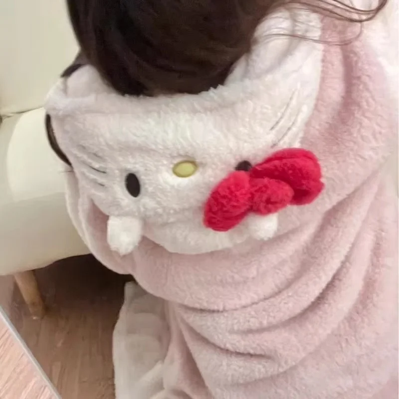 2024 Hello Kitty Pajamas Women\'S Autumn And Winter Coral Velvet Thickened Bathrobe Cute Winter Nightgown Long Women\'S Suit