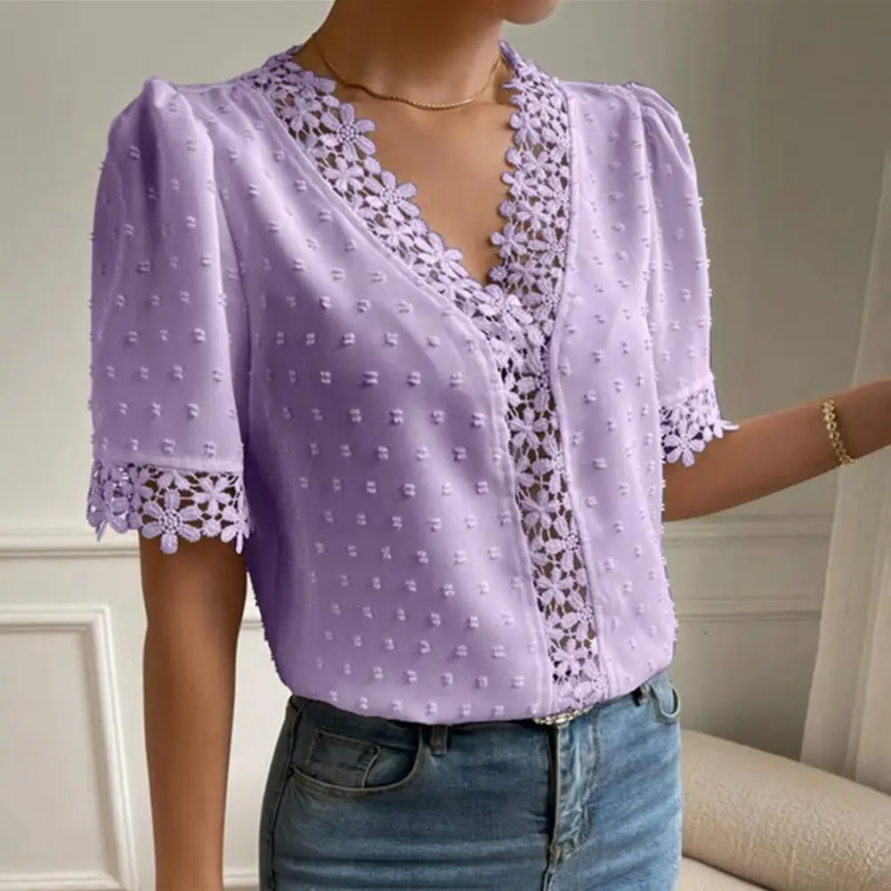 Women T-shirt Floral Lace Splicing V Neck Short Sleeves Pullovers Solid Color Elegant Summer Ladies Tee Blouse Top Streetwear