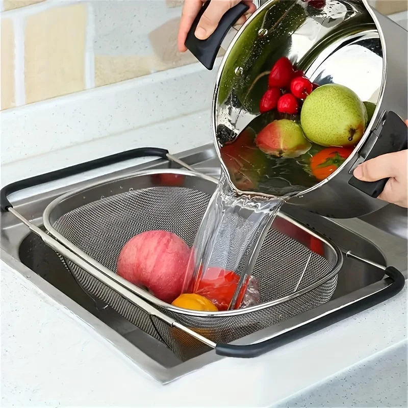 

1pc Retractable Basket Basin Filtered Water Hanging Rack Kitchen Stainless Steel Drain Basket With Fine Mesh Sink Drain Rack