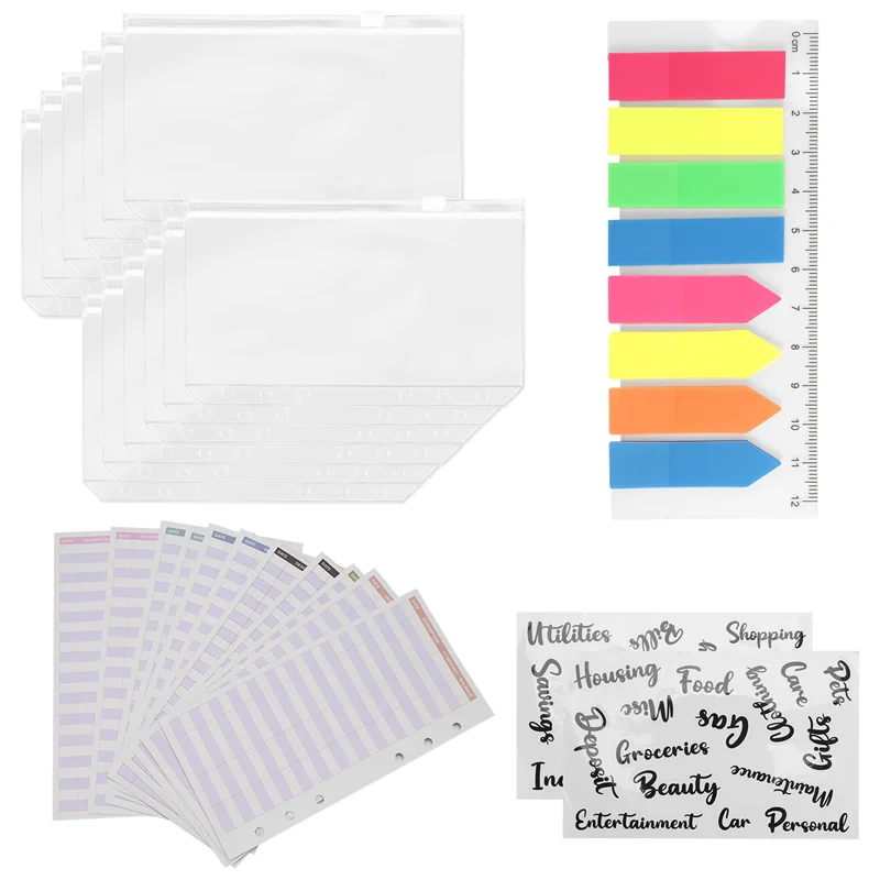 Práctico paquete de 27 juegos de carpetas de bolsillo A6, carpeta A6, bolsillos con cremallera, hojas de presupuesto de gastos, etiquetas adhesivas para sobres de efectivo, página de neón