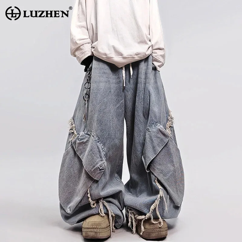 LUZHEN 2025 New Original Multi Pockets Hip-Hop Baggy Wide Leg Cargo Jeans Men's Fashion Elastic Waist Vintage Denim Pants JY5280