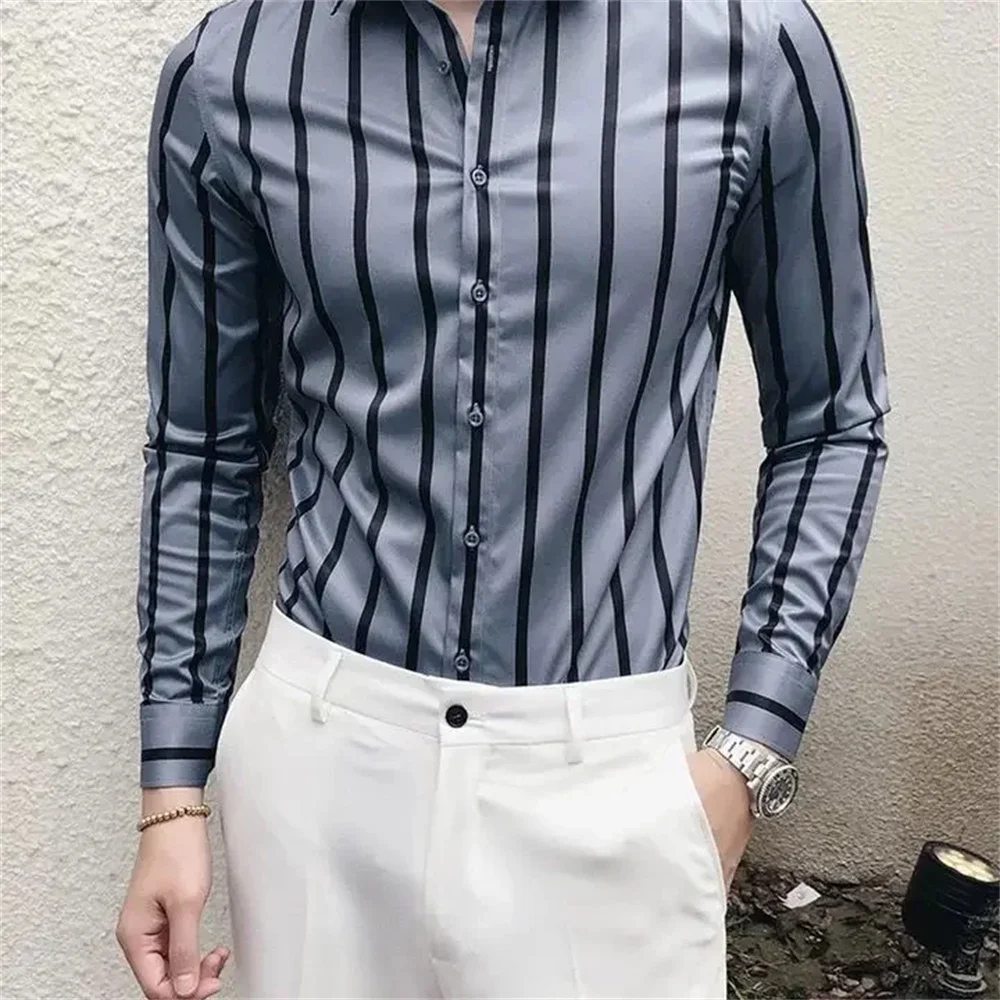 2024 Men\'s Shirts Formal Loose Men Striped Office Solid Shirts Promotion Elegant Slim Shirts Fast Shipping XS-6XL