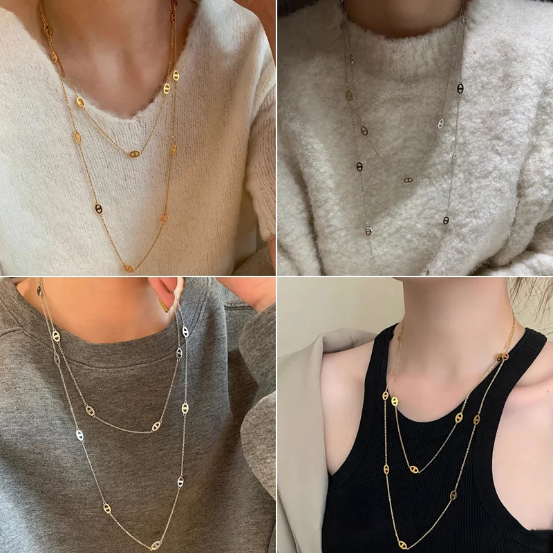 120cm Long Style 316L Stainless Steel Fashion Necklace for Women Minimalist Gold Silver Color Sweater Chain Jewelry Accessories